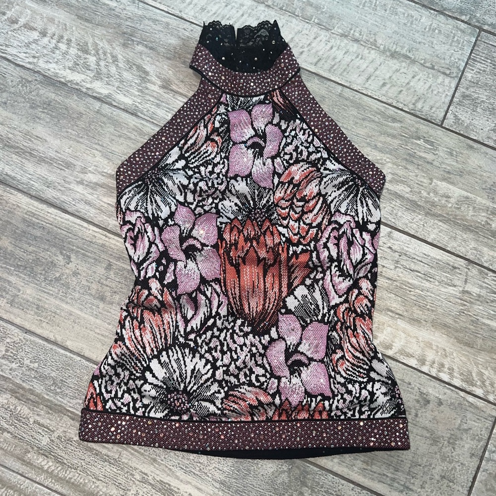 St. John evening halter top. Pink and black. Backless. Bejeweled. small/petite